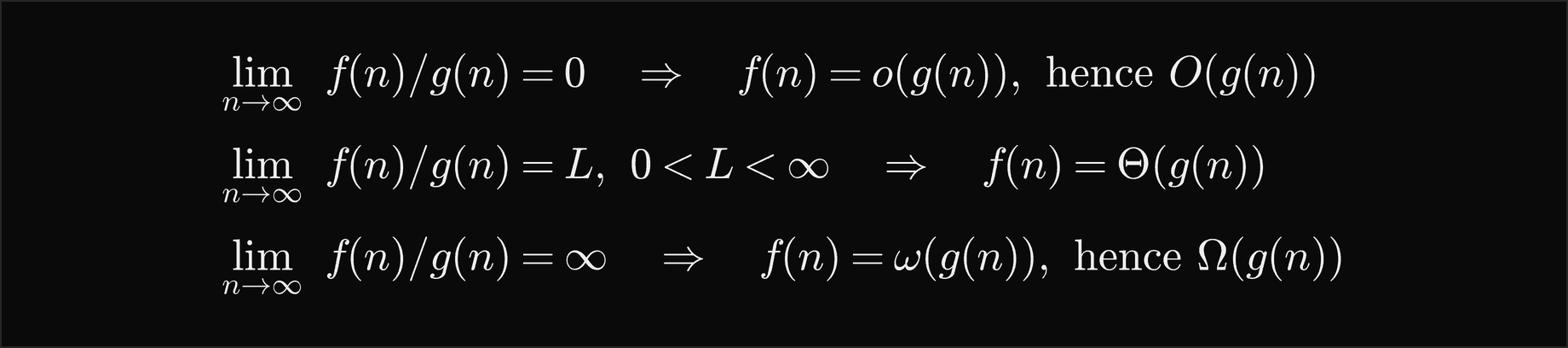 If the limit of f of n over g of n as n goes to infinity is 0, f is little o of g and hence O of g; if it is L with 0 less than L less than infinity, f is Theta of g; if it is infinity, f is little omega of g and hence Omega of g