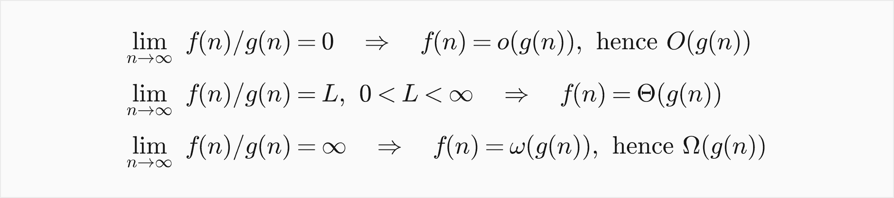If the limit of f of n over g of n as n goes to infinity is 0, f is little o of g and hence O of g; if it is L with 0 less than L less than infinity, f is Theta of g; if it is infinity, f is little omega of g and hence Omega of g