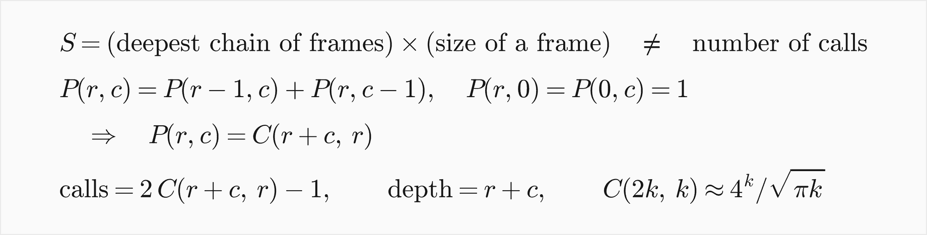 The space S is the deepest chain of frames times the size of a frame, not the number of calls; the lattice-path counter P of r, c equals P of r minus 1, c plus P of r, c minus 1 with P equal to 1 on the edges, so P of r, c is C of r plus c, r; it makes 2 C of r plus c, r minus 1 calls but is only r plus c frames deep, and C of 2k, k is about 4 to the k over the square root of pi k