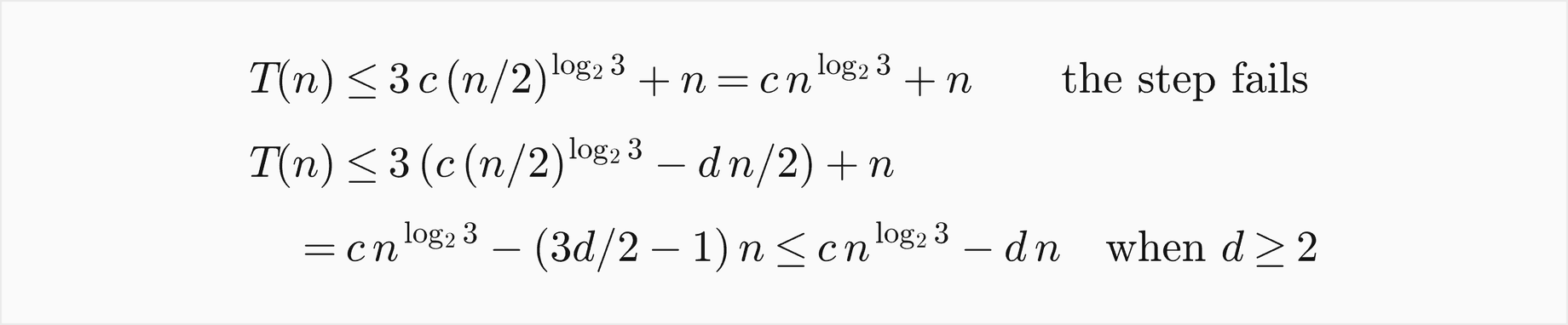 T of n is at most 3 c times n over 2 to the log base 2 of 3, plus n, which is c n to the log base 2 of 3 plus n, so the step fails; with the guess c n to the log base 2 of 3 minus d n the step gives c n to the log base 2 of 3 minus three d over 2 minus 1 times n, which is at most c n to the log base 2 of 3 minus d n when d is at least 2