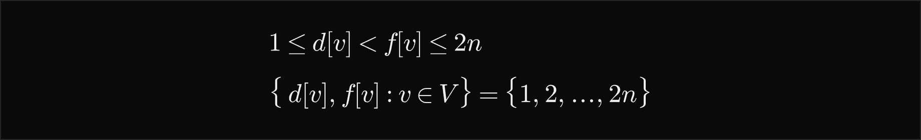 1 is at most d of v, which is less than f of v, which is at most 2n; and the set of all discovery and finish times is the set 1 to 2n