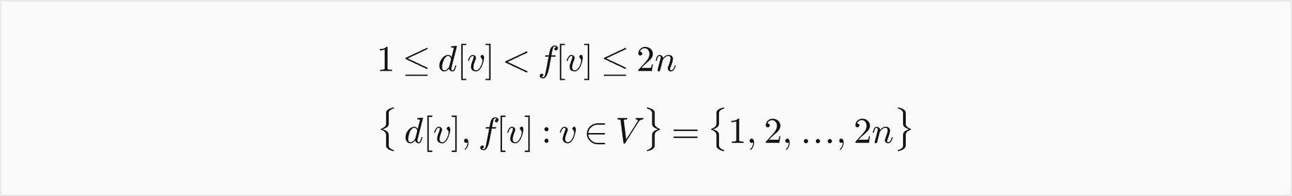 1 is at most d of v, which is less than f of v, which is at most 2n; and the set of all discovery and finish times is the set 1 to 2n