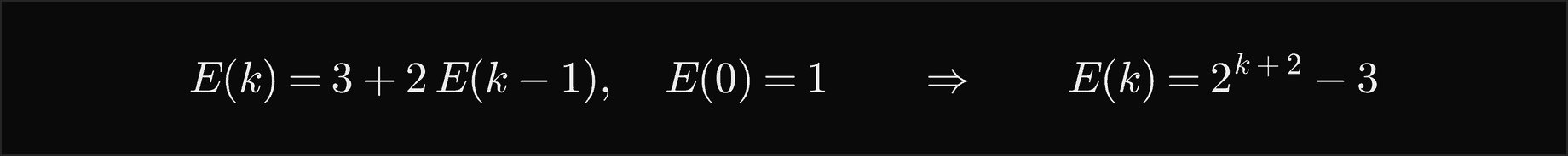 E of k equals 3 plus 2 times E of k minus 1, with E of 0 equal to 1, so E of k equals 2 to the k plus 2, minus 3