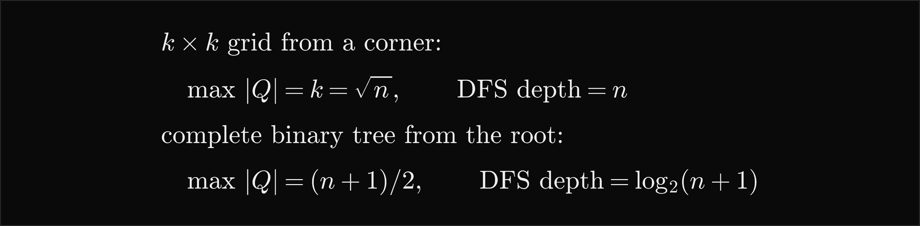 For a k by k grid searched from a corner, the largest queue is k, the square root of n, and the DFS depth is n; for a complete binary tree searched from the root, the largest queue is n plus 1 over 2 and the DFS depth is log base 2 of n plus 1