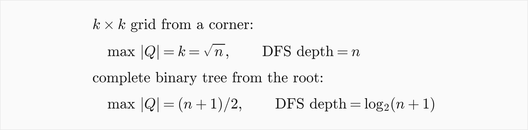 For a k by k grid searched from a corner, the largest queue is k, the square root of n, and the DFS depth is n; for a complete binary tree searched from the root, the largest queue is n plus 1 over 2 and the DFS depth is log base 2 of n plus 1
