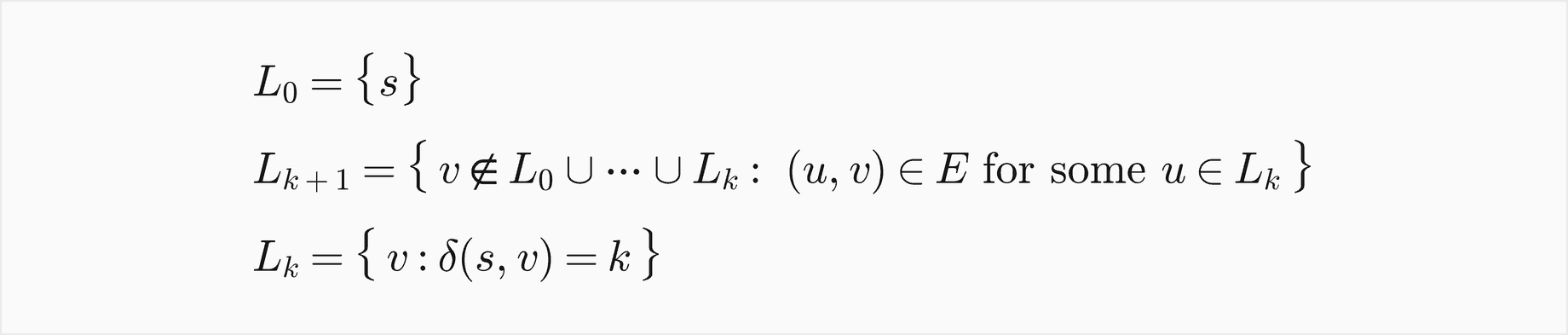 L 0 is the set containing s; L k plus 1 is the set of vertices v not in L 0 through L k with an edge u v for some u in L k; and L k is the set of vertices at distance k from s