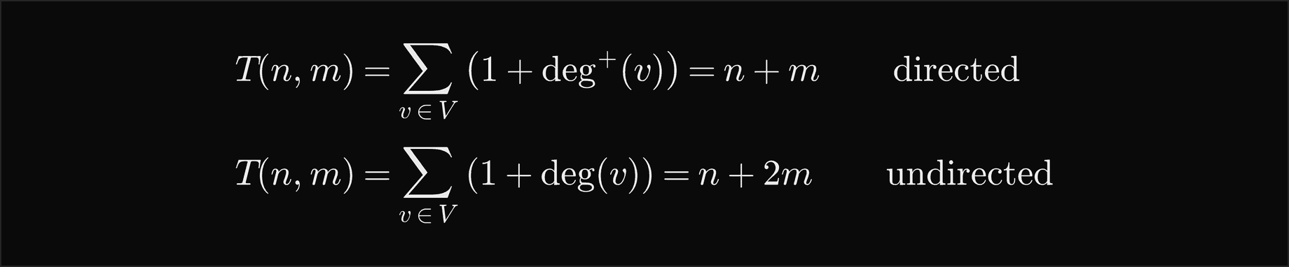 T of n and m is the sum over all vertices of 1 plus the out-degree, which is n plus m, for a directed graph; and the sum of 1 plus the degree, which is n plus 2m, for an undirected graph