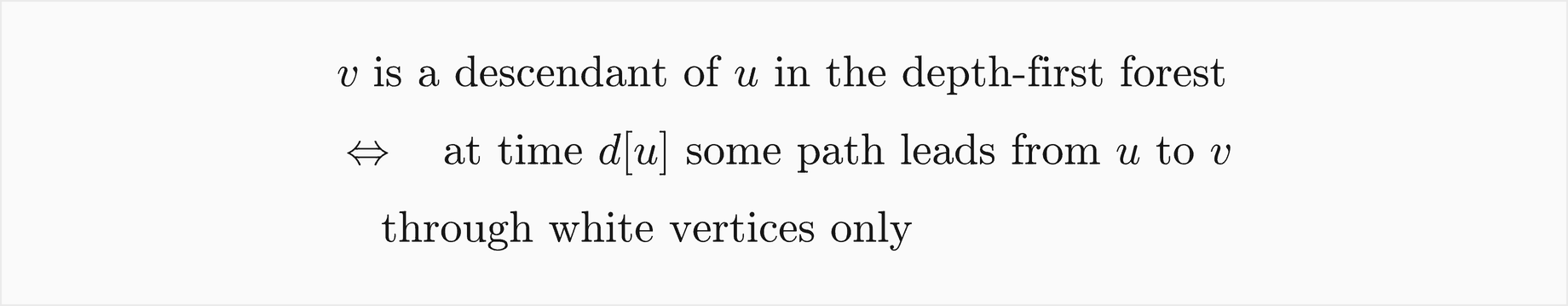 v is a descendant of u in the depth-first forest if and only if, at time d of u, some path leads from u to v through white vertices only
