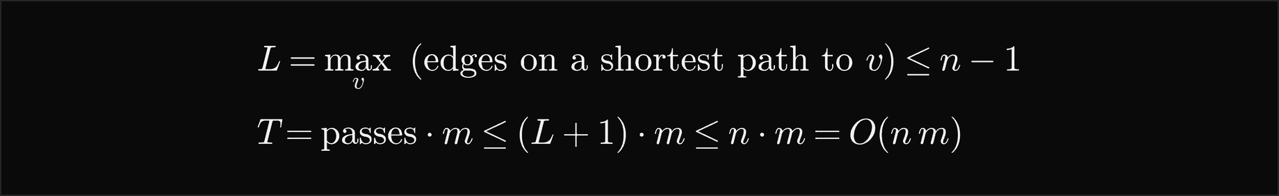 L is the largest number of edges on a shortest path to any vertex, at most n minus 1; T is the number of passes times m, at most L plus 1 times m, at most n times m, which is O of n m