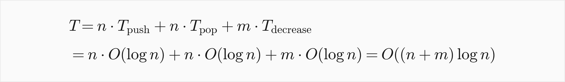 T is n times the cost of a push plus n times the cost of a pop plus m times the cost of a decrease-key; with a binary heap each is O of log n, so T is O of n plus m, times log n