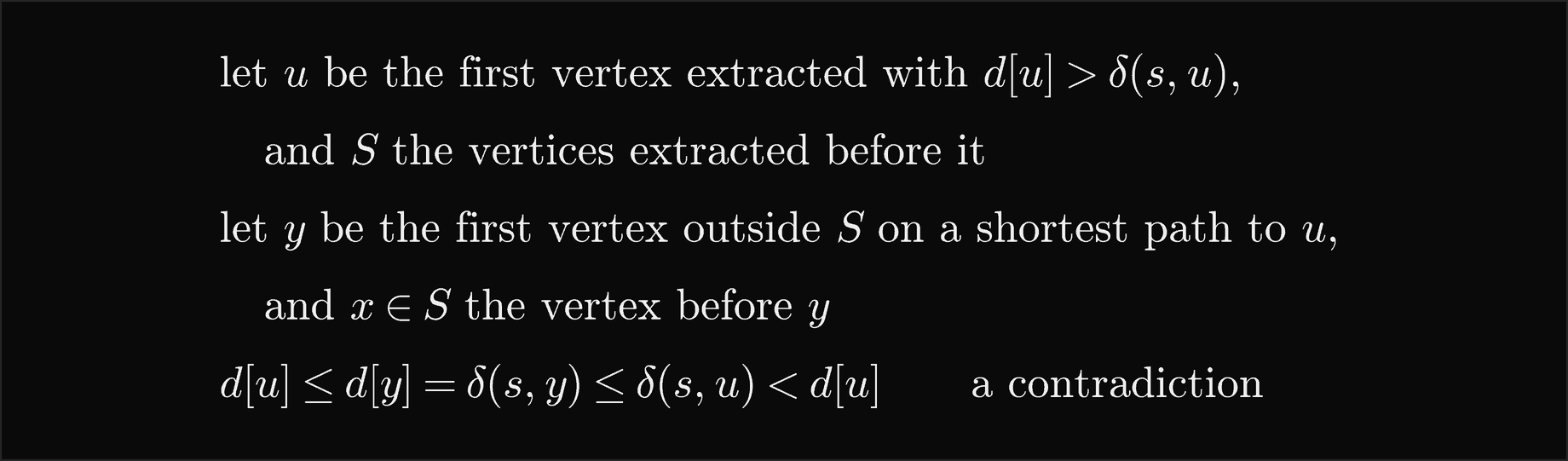 Let u be the first vertex extracted with d of u greater than delta of s and u, and S the vertices extracted before it; let y be the first vertex outside S on a shortest path to u, and x in S the vertex before y; then d of u is at most d of y, which equals delta of s and y, which is at most delta of s and u, which is less than d of u, a contradiction