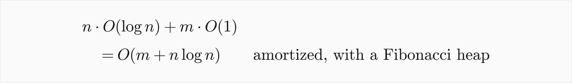 n times O of log n plus m times O of 1 is O of m plus n log n, amortized, with a Fibonacci heap