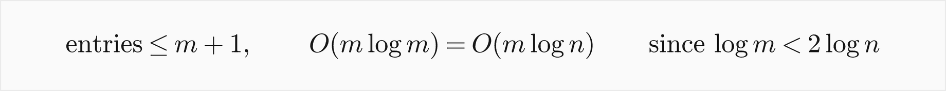 The heap holds at most m plus 1 entries, and O of m log m equals O of m log n, since log m is less than 2 log n
