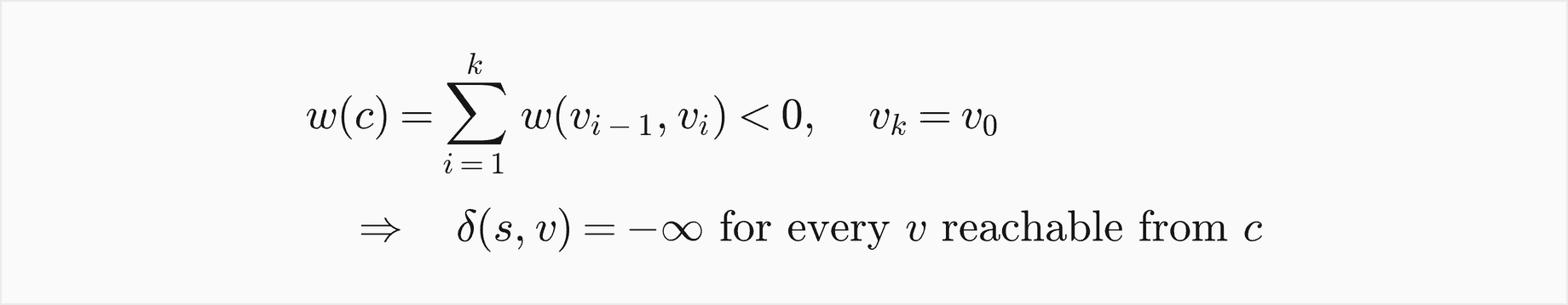 The weight of a cycle c from v0 back to v k equal to v0 is the sum of its edge weights; if it is negative, delta of s and v is minus infinity for every v reachable from c
