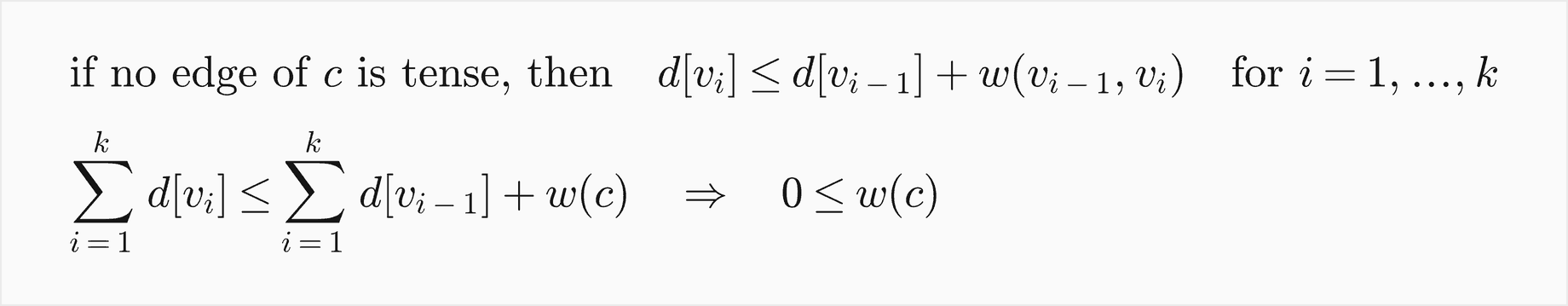 If no edge of c is tense, then d of v i is at most d of v i minus 1 plus the weight of the edge, for i from 1 to k; summing, the sum of d of v i is at most the sum of d of v i minus 1 plus w of c, so 0 is at most w of c