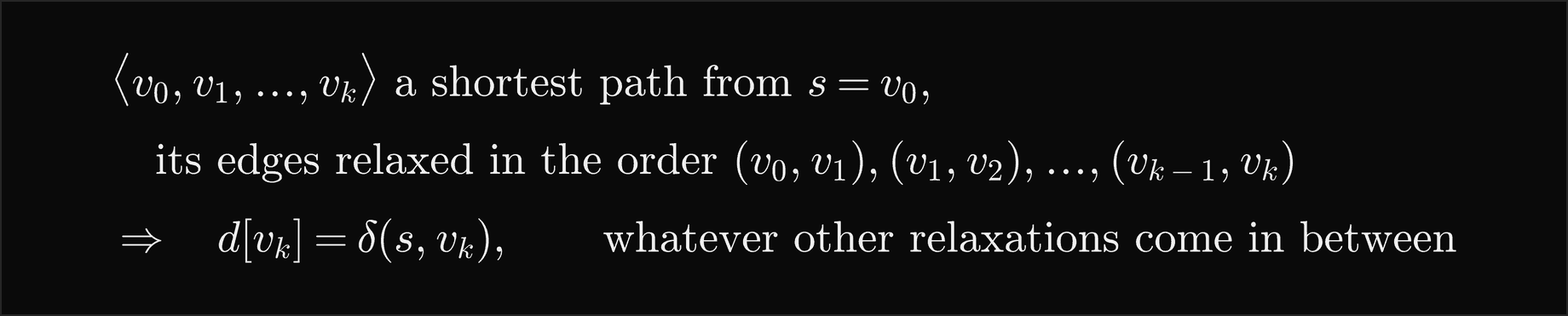 If v0 to vk is a shortest path from s equal to v0 and its edges are relaxed in the order v0 v1, v1 v2, up to v k minus 1 v k, then d of v k equals delta of s and v k, whatever other relaxations come in between