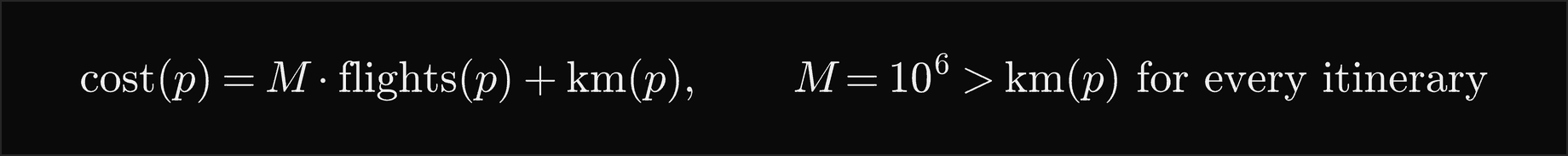 The cost of an itinerary p is M times its number of flights plus its length in km, with M equal to one million, more than the length of any itinerary