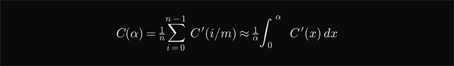 C of alpha is 1 over n times the sum over i from 0 to n minus 1 of C prime of i over m, about 1 over alpha times the integral from 0 to alpha of C prime of x dx