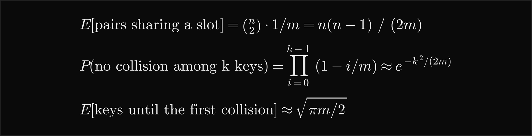 The expected number of pairs sharing a slot is n choose 2 times 1 over m, which is n times n minus 1 over 2m; the probability of no collision among k keys is the product over i from 0 to k minus 1 of 1 minus i over m, about e to the minus k squared over 2m, so the expected number of keys until the first collision is about the square root of pi m over 2