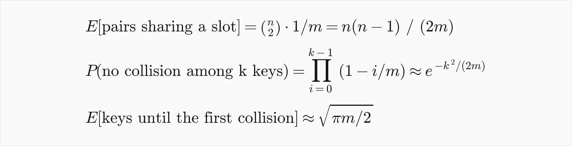 The expected number of pairs sharing a slot is n choose 2 times 1 over m, which is n times n minus 1 over 2m; the probability of no collision among k keys is the product over i from 0 to k minus 1 of 1 minus i over m, about e to the minus k squared over 2m, so the expected number of keys until the first collision is about the square root of pi m over 2