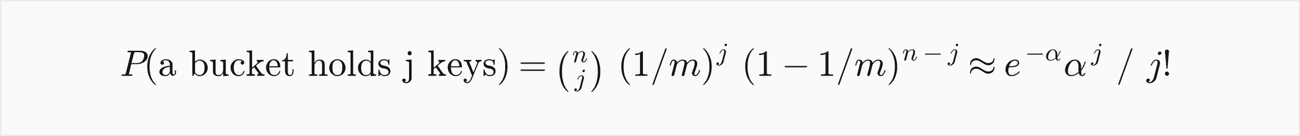 The probability that a bucket holds j keys is n choose j times 1 over m to the j times 1 minus 1 over m to the n minus j, about e to the minus alpha times alpha to the j over j factorial