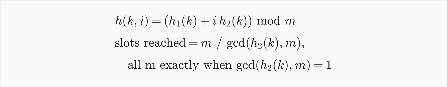 h of k, i equals h1 of k plus i times h2 of k, mod m; the number of slots reached is m divided by the greatest common divisor of h2 of k and m, which is all m slots exactly when that divisor is 1