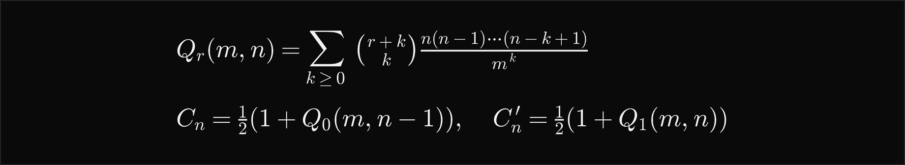 Q r of m, n is the sum over k at least 0 of r plus k choose k times n times n minus 1 and so on to n minus k plus 1, over m to the k; C n equals one half times 1 plus Q 0 of m, n minus 1, and C prime n equals one half times 1 plus Q 1 of m, n