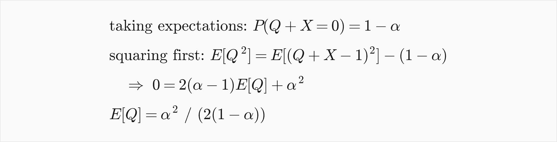Taking expectations gives P of Q plus X equal to 0 equals 1 minus alpha; squaring first gives E of Q squared equals E of Q plus X minus 1 squared minus 1 minus alpha, so 0 equals 2 times alpha minus 1 times E of Q plus alpha squared; therefore E of Q is alpha squared over 2 times 1 minus alpha