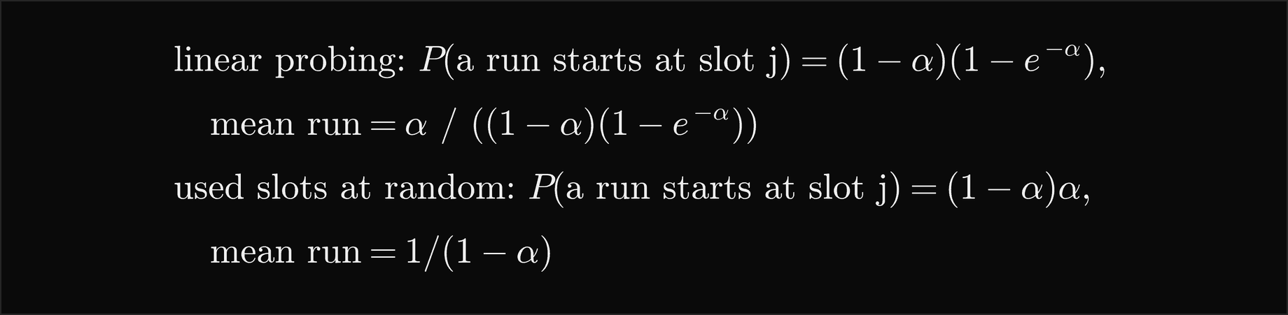 For linear probing, the probability that a run starts at slot j is 1 minus alpha times 1 minus e to the minus alpha, and the mean run is alpha over 1 minus alpha times 1 minus e to the minus alpha; when used slots are scattered at random the probability is 1 minus alpha times alpha and the mean run is 1 over 1 minus alpha