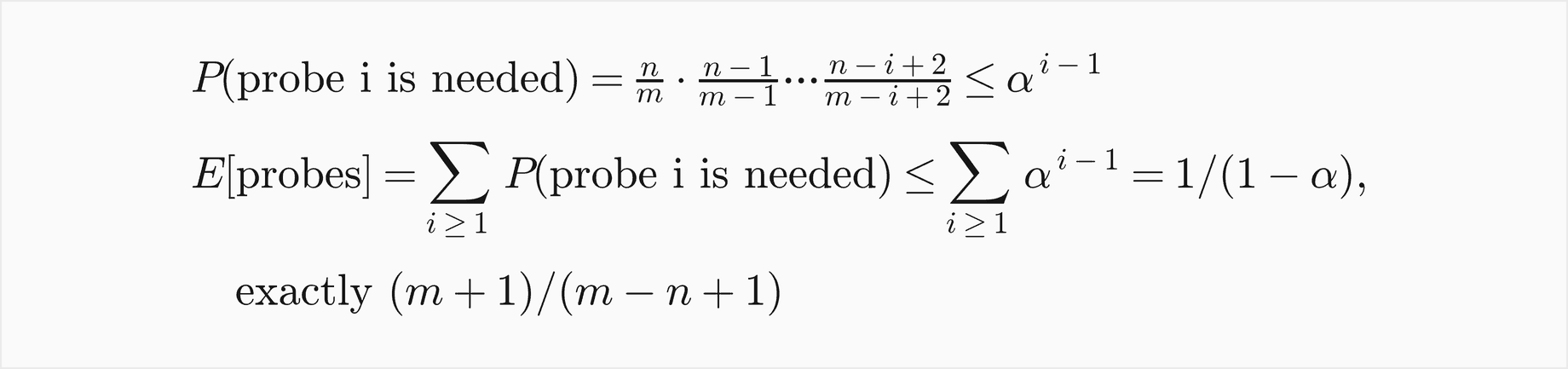 The probability that probe i is needed is n over m times n minus 1 over m minus 1 and so on up to n minus i plus 2 over m minus i plus 2, which is at most alpha to the i minus 1; the expected probes are the sum over i of these probabilities, at most the sum of alpha to the i minus 1, which is 1 over 1 minus alpha, and exactly m plus 1 over m minus n plus 1