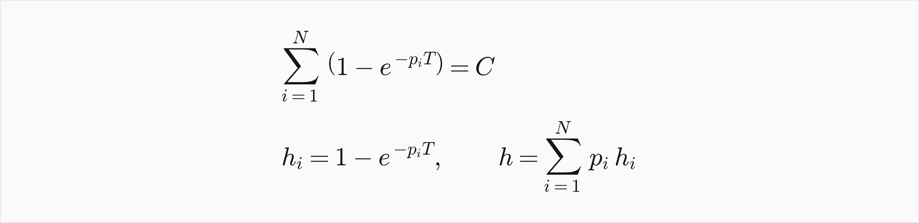 The sum over i from 1 to N of 1 minus e to the minus p i T equals the capacity C; then item i is a hit with probability h i equal to 1 minus e to the minus p i T, and the hit rate h is the sum over i of p i times h i