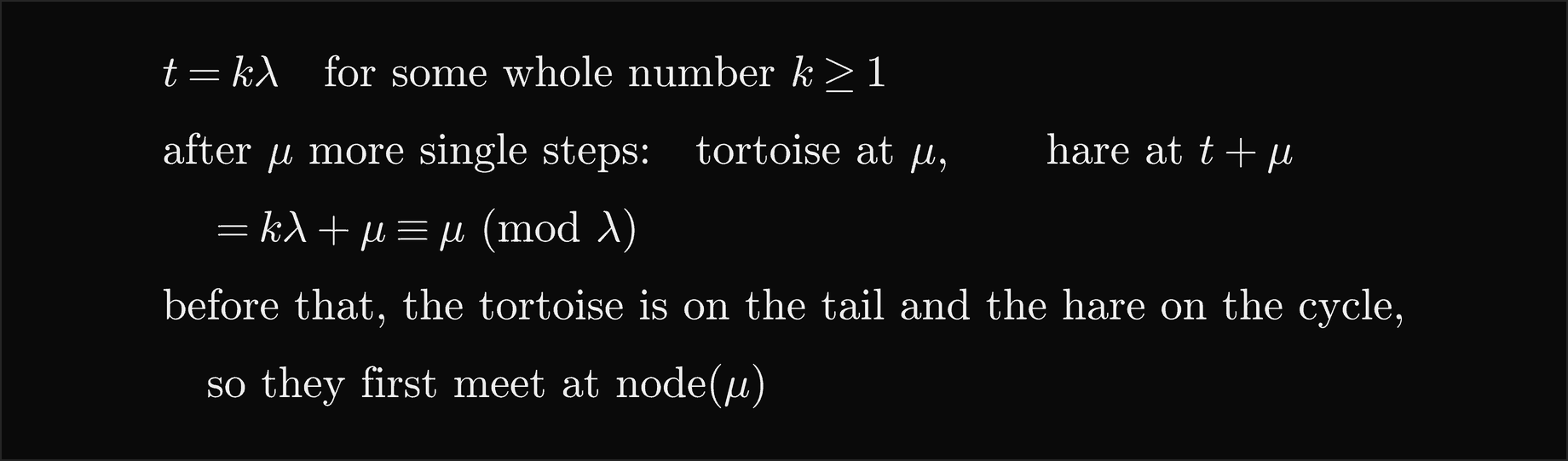 t equals k times lambda for some whole number k at least 1; after mu more single steps the tortoise is at position mu and the hare at t plus mu, which is congruent to mu modulo lambda; before that the tortoise is on the tail and the hare on the cycle, so they first meet at the node at position mu