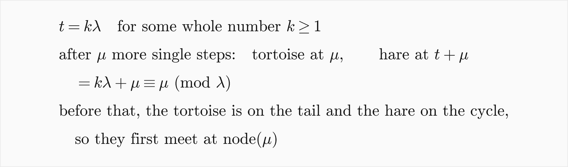 t equals k times lambda for some whole number k at least 1; after mu more single steps the tortoise is at position mu and the hare at t plus mu, which is congruent to mu modulo lambda; before that the tortoise is on the tail and the hare on the cycle, so they first meet at the node at position mu