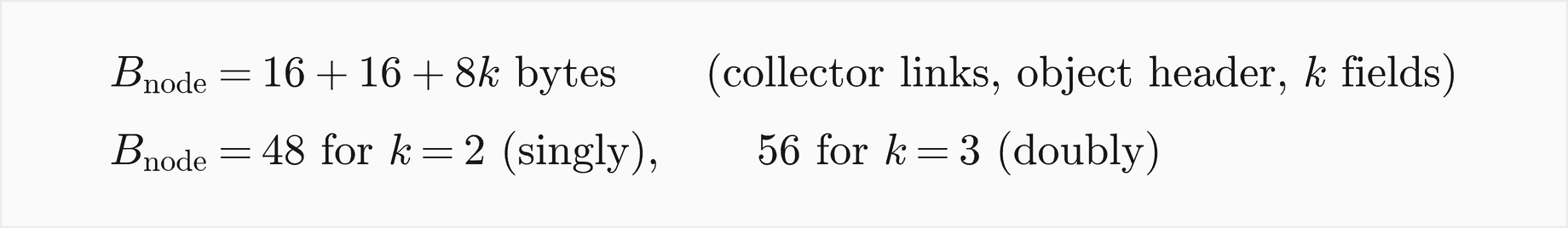 B node equals 16 plus 16 plus 8k bytes, for the collector links, the object header and k fields; 48 bytes for k equal to 2, singly, and 56 for k equal to 3, doubly