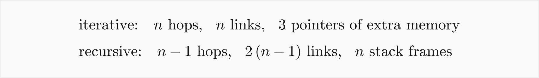 Iterative: n hops, n links and 3 pointers of extra memory; recursive: n minus 1 hops, 2 times n minus 1 links and n stack frames