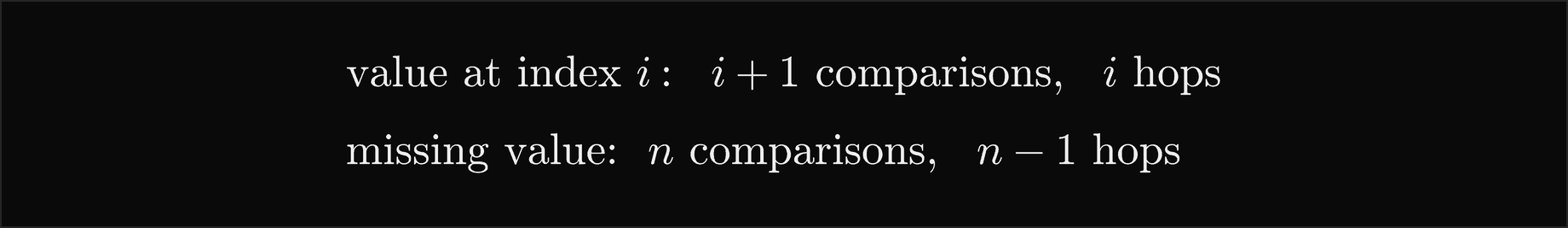 A value at index i costs i plus 1 comparisons and i hops; a missing value costs n comparisons and n minus 1 hops