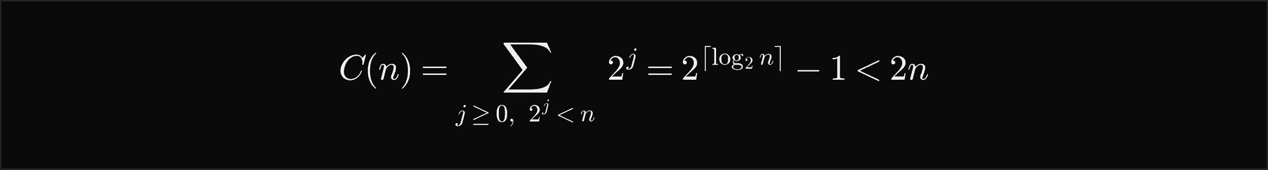 The copies C of n are the sum of 2 to the j over all j with 2 to the j less than n, which is 2 to the ceiling of log base 2 of n, minus 1, less than 2n