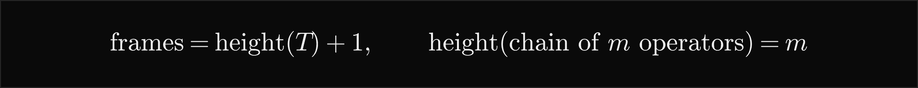 The number of frames is the height of the tree plus 1, and a chain of m operators has height m