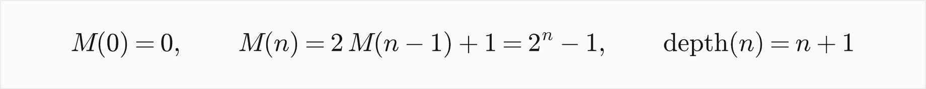 Moving n disks takes M of n moves, with M of 0 equal to 0 and M of n equal to 2 times M of n minus 1, plus 1, which is 2 to the n minus 1; the recursion is n plus 1 frames deep