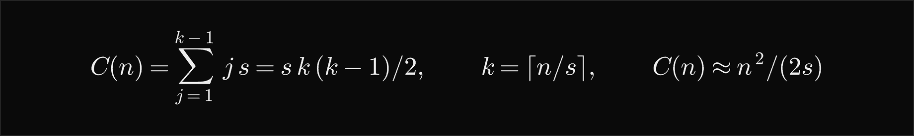 With growth by s, the copies are the sum of j times s for j from 1 to k minus 1, which is s k times k minus 1 over 2, where k is the ceiling of n over s, about n squared over 2s