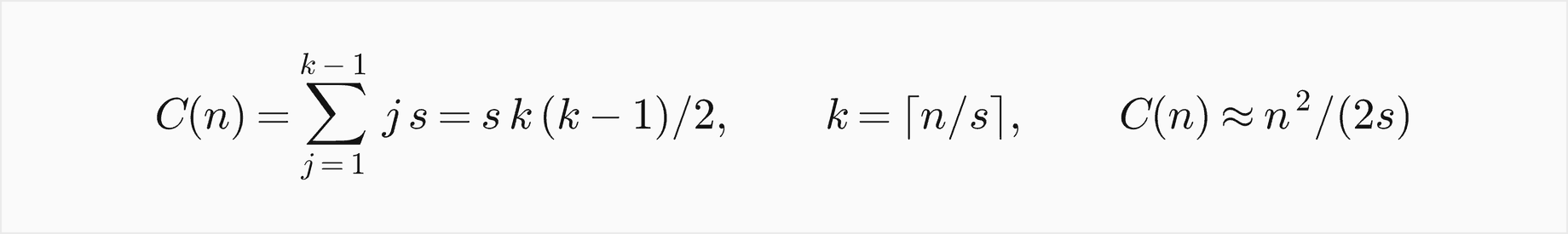 With growth by s, the copies are the sum of j times s for j from 1 to k minus 1, which is s k times k minus 1 over 2, where k is the ceiling of n over s, about n squared over 2s