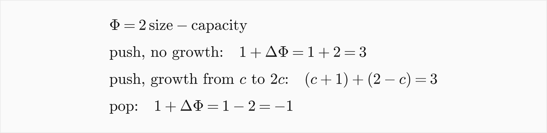 The potential is 2 times the size minus the capacity; a push without growth costs 1 plus a change in potential of 2, which is 3; a push that grows the capacity from c to 2c costs c plus 1 for the copies and the write, plus a change of 2 minus c, which is 3; a pop costs 1 plus a change of minus 2, which is minus 1
