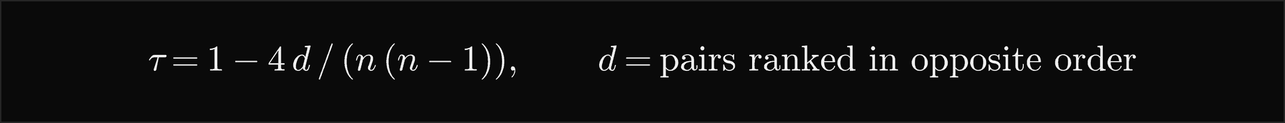Kendall's tau is 1 minus 4 d over n times n minus 1, where d is the number of pairs ranked in opposite order