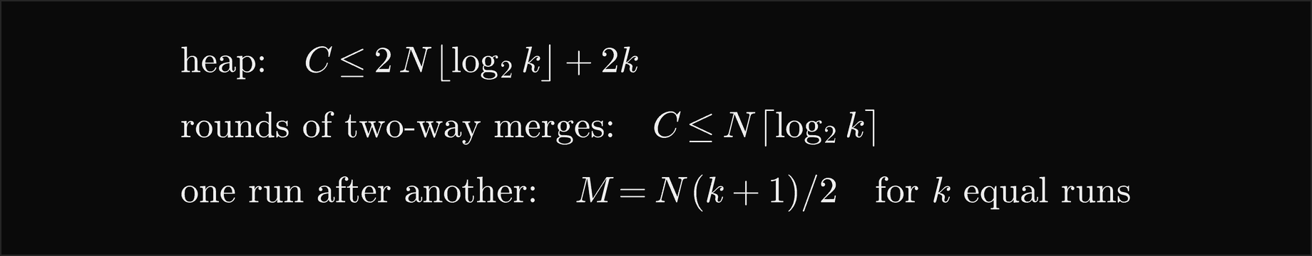 A heap merge of N items from k runs makes at most 2 N floor log2 k plus 2k comparisons; rounds of two-way merges at most N times the ceiling of log2 k; merging one run after another moves N times k plus 1 over 2 items for k equal runs