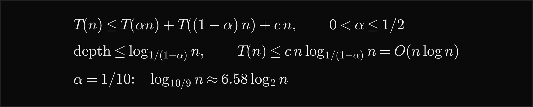T of n is at most T of alpha n plus T of 1 minus alpha times n plus c n for alpha between 0 and one half; the depth is at most log base 1 over 1 minus alpha of n, so T of n is at most c n times that logarithm, O of n log n; for alpha equal to one tenth the depth is log base 10 over 9 of n, about 6.58 log2 n