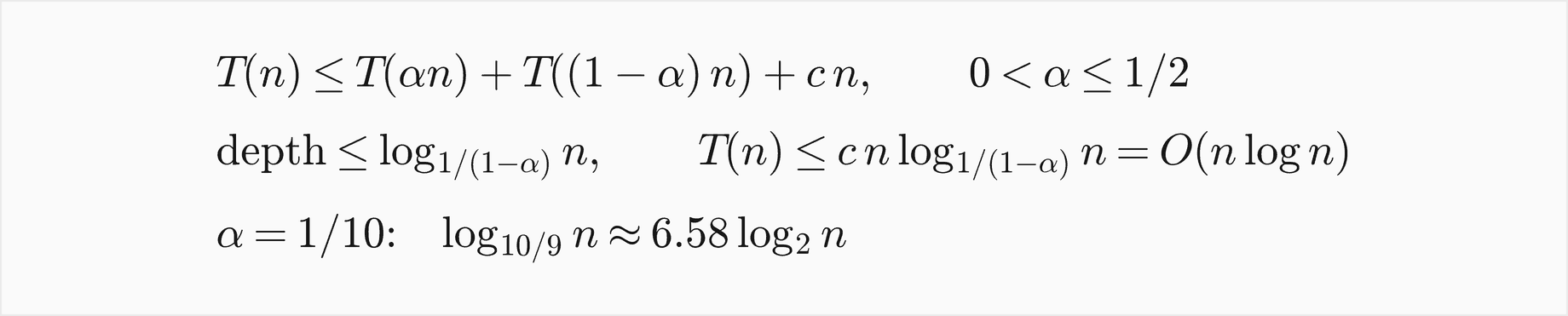 T of n is at most T of alpha n plus T of 1 minus alpha times n plus c n for alpha between 0 and one half; the depth is at most log base 1 over 1 minus alpha of n, so T of n is at most c n times that logarithm, O of n log n; for alpha equal to one tenth the depth is log base 10 over 9 of n, about 6.58 log2 n