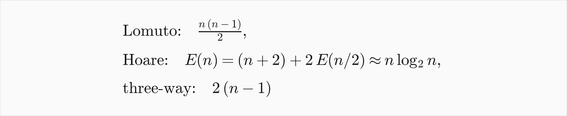Lomuto makes n times n minus 1 over 2 comparisons on n equal keys; Hoare's scans meet in the middle, E of n equals n plus 2 plus 2 E of n over 2, about n log2 n; three-way partitioning makes 2 times n minus 1