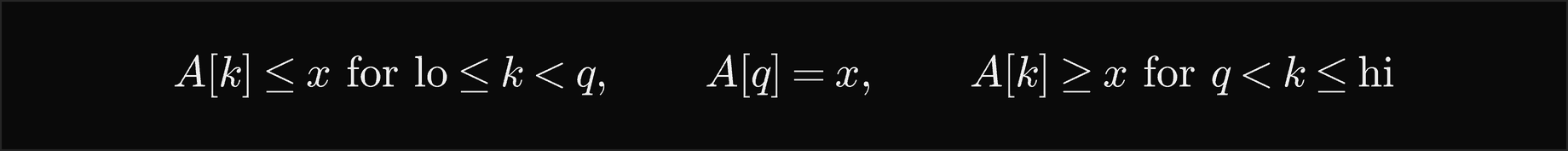 For lo at most k less than q, A of k is at most x; A of q equals x; for q less than k at most hi, A of k is at least x