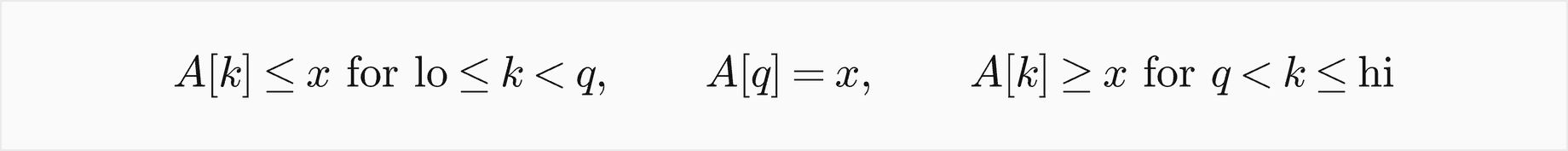 For lo at most k less than q, A of k is at most x; A of q equals x; for q less than k at most hi, A of k is at least x