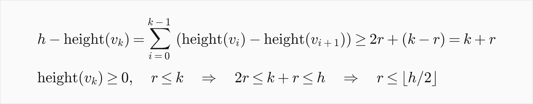 h minus the height of v k is the sum over the k steps of the drop in height, which is at least 2r plus k minus r, which is k plus r; since the height of v k is at least 0 and r is at most k, 2r is at most k plus r, which is at most h, so r is at most the floor of h over 2